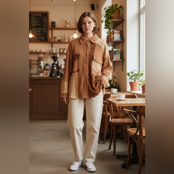 POL Multi Texture and Pattern Brown and  Tan Shacket, L - Picture 2 of 15